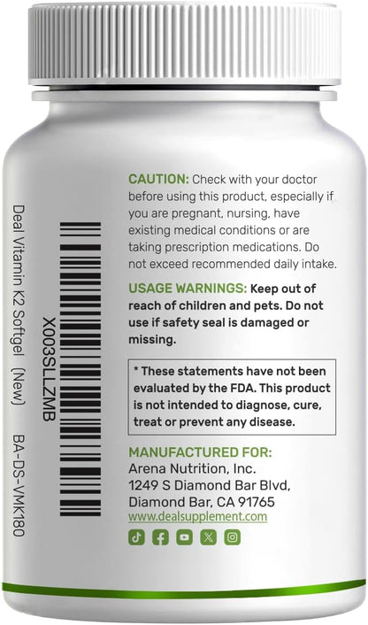 DEAL SUPPLEMENT Vitamin K2 MK-7 200mcg, 240 Softgels - Coconut Oil Base, Non-GMO