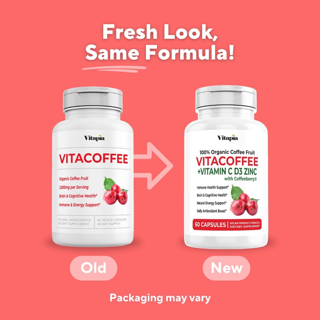 Vitacoffee Caffeine Capsules – Coffee Fruit, Vitamin C, D, Zinc – Energy, Memory, Focus – 60 Veggie Capsules - görsel 3