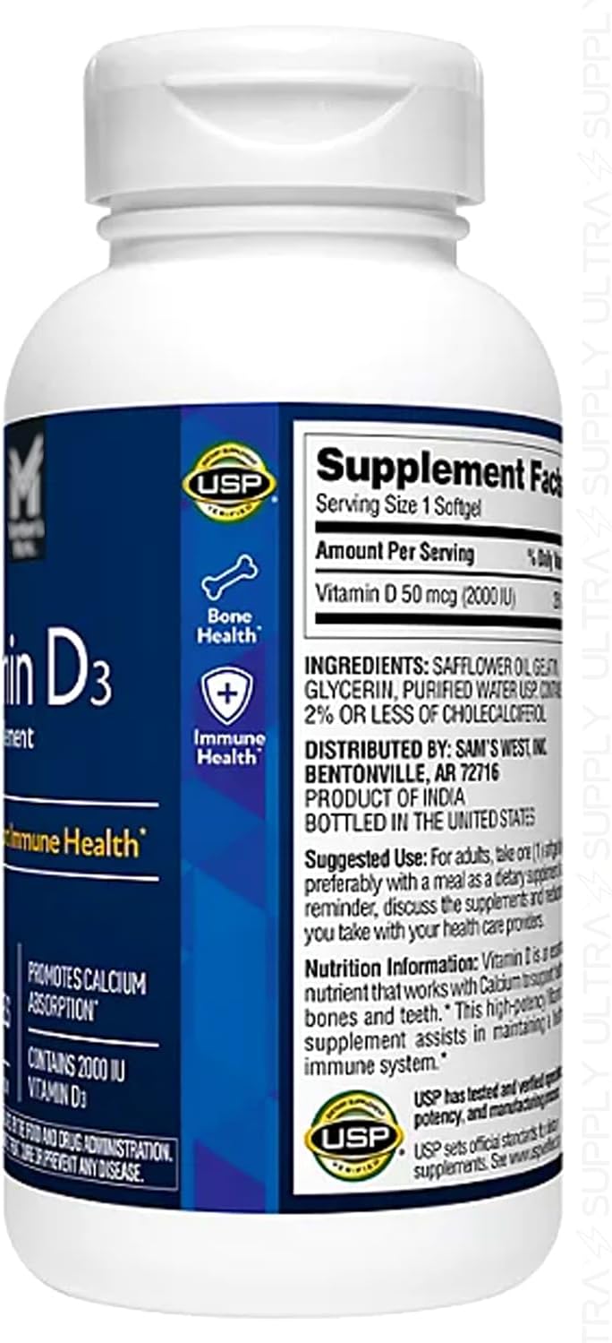Members Mark Vitamin D3 2000 IU (50 mcg), 400 Soft gel capsules – Immune and Bone Health Support, Non-GMO, Gluten-free - görsel 2