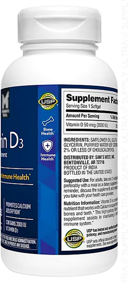 Members Mark Vitamin D3 2000 IU (50 mcg), 400 Soft gel capsules – Immune and Bone Health Support, Non-GMO, Gluten-free