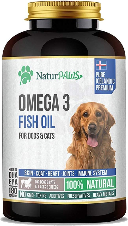 NaturPAWS Omega-3 Fish Oil Food Supplement for Dogs and Cats – 1000 mg Pure DHA and EPA Omega-3s – 180 Softgels