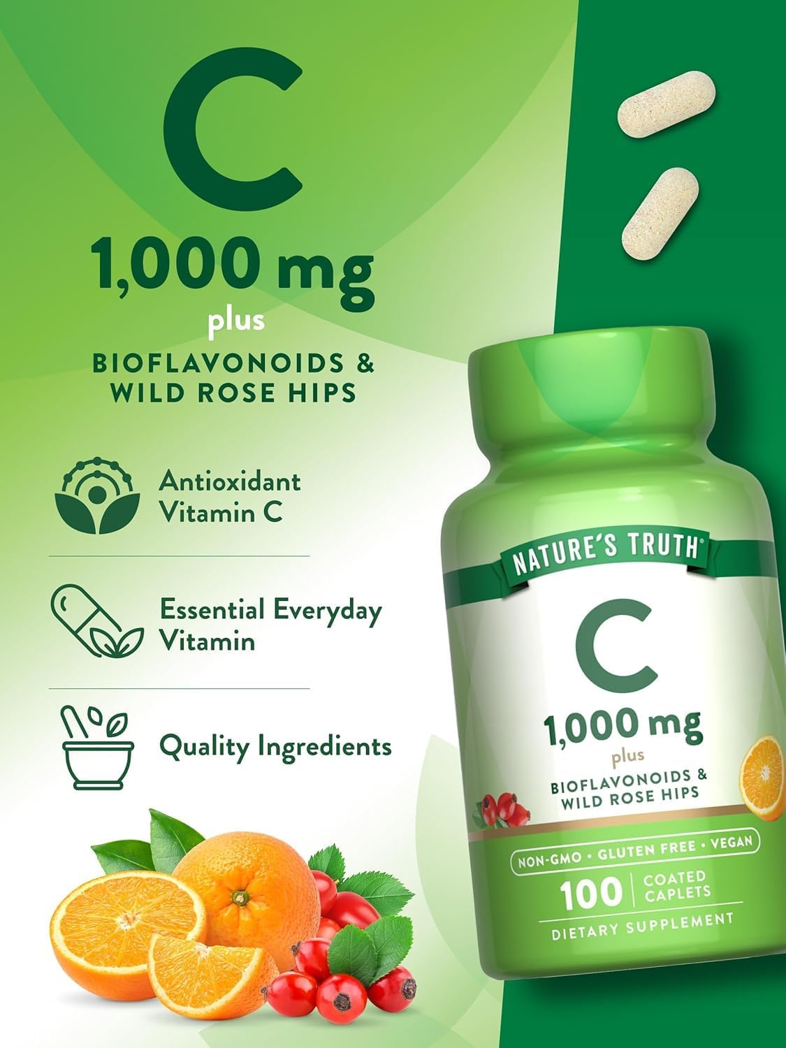 Nature's Truth Vitamin C 1000 mg with Bioflavonoids & Wild Rose Hips Coated Caplets - 100 Caplets (Pack of 3) - görsel 5