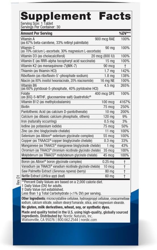 Nordic Naturals Men’s Multivitamin One Daily - Bone, Energy, & Blood-Vessel Support - 20 Essential Nutrients - 30 Tablets - görsel 2