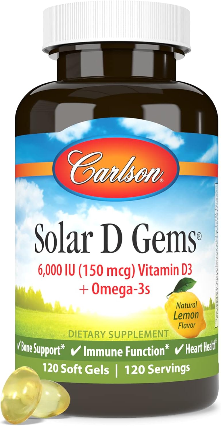 Carlson Solar D Gems - Vitamin D3 and Omega-3 Supplement, 6000 IU (150 mcg) D3, 115 mg Omega-3s, Wild Caught, Lemon, 120 Softgels - görsel 5