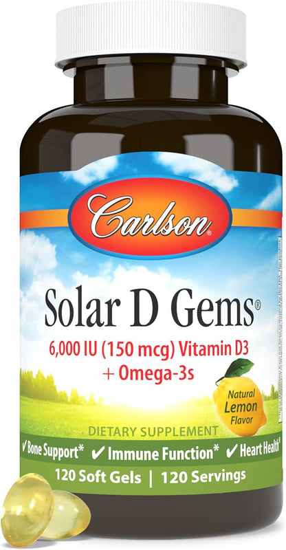 Carlson Solar D Gems - Vitamin D3 and Omega-3 Supplement, 6000 IU (150 mcg) D3, 115 mg Omega-3s, Wild Caught, Lemon, 120 Softgels