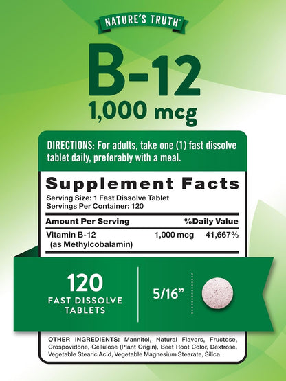 Nature's Truth Vitamin B12 1000 mcg Methylcobalamin Fast Dissolve Tablets, Natural Berry, 360 Tablets (Pack of 3)