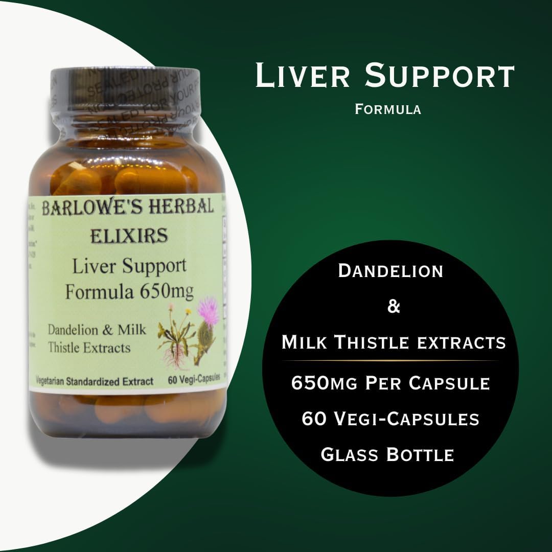 Barlowe's Herbal Elixirs Liver Support Formula | Dandelion Root & Milk Thistle Extract | 650mg per Capsule | 60 Vegan Capsules | Stearate-Free, Glass Bottle - görsel 3