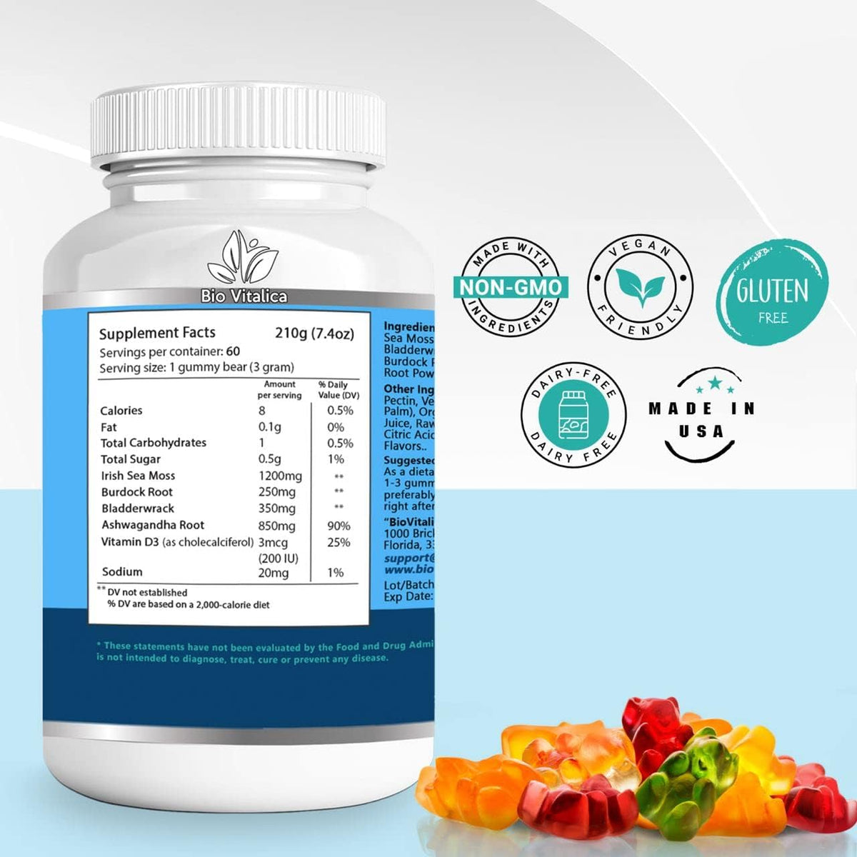 BIO VITALICA Sea Moss Ashwagandha Gummies - Organic Irish Sea Moss Blended with Burdock Root & Bladderwrack - Natural Energy & Calm Support for Adults - 2 Packs - görsel 2