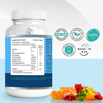 BIO VITALICA Sea Moss Ashwagandha Gummies - Organic Irish Sea Moss Blended with Burdock Root & Bladderwrack - Natural Energy & Calm Support for Adults - 2 Packs