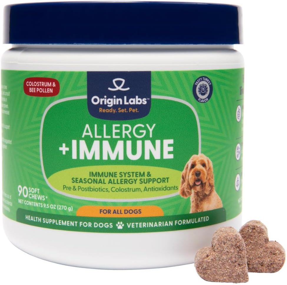 Origin Labs Allergy and Immune Support Supplements for Dogs - Omega-3 Fish Oil, Bee Pollen, Colostrum, Probiotics & Prebiotics - Turkey Flavour, 90 Soft Chews - görsel 1