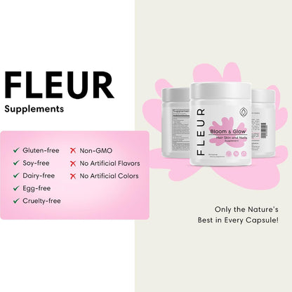 FLEUR Bloom & Glow Hair, Skin and Nails Gummies, Hair Growth Supplement with Biotin & Inositol, Antioxidant-Rich Vitamins A, C & E for Skin and Nail Repair, Sugar-Free, 60 Vegan Gummies