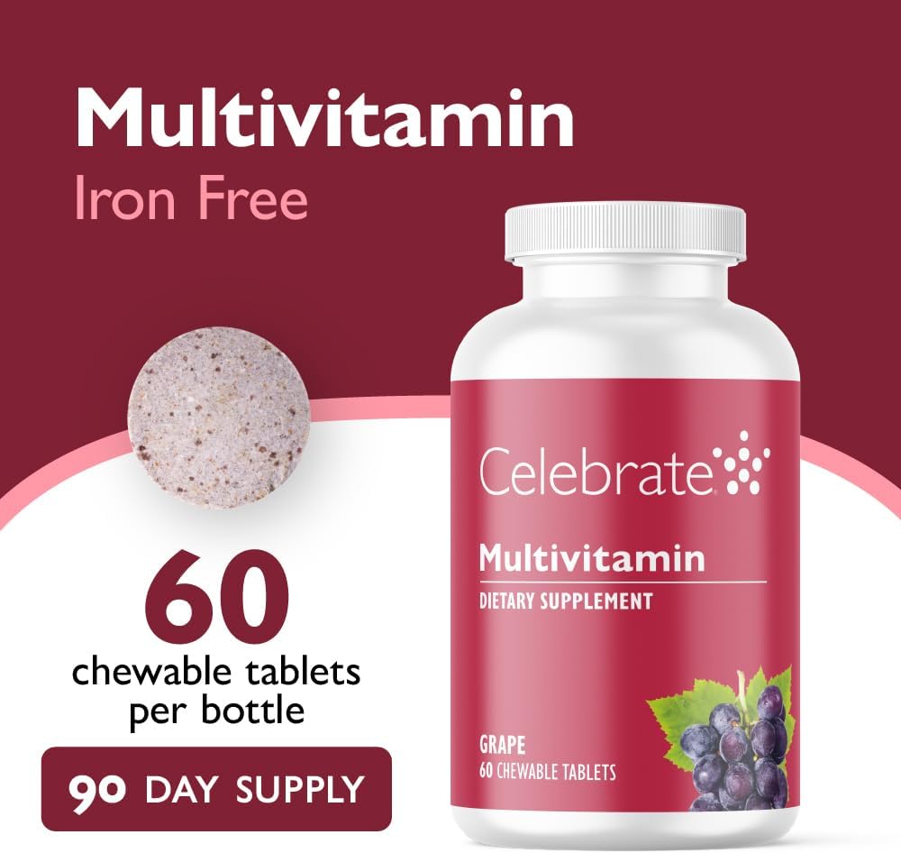 Celebrate Vitamins Bariatric Multivitamin Chewable, Iron-Free - Post-Gastric Bypass and Sleeve Gastrectomy Food Supplement for Men and Women - Essential Minerals and Vitamins A, B, D and E - Grape Flavour (180 Tablets) - görsel 2