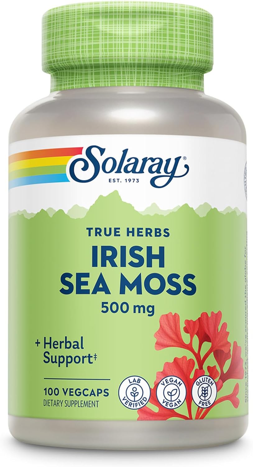 SOLARAY Irish Sea Moss 500 mg Naturally Occurring Vitamins, Minerals, and Fibre Herbal Support for Digestive Health and More – Vegan, Gluten-free, Lab Verified – 60-Day Guarantee – 100 Servings, 100 VegCaps - görsel 1