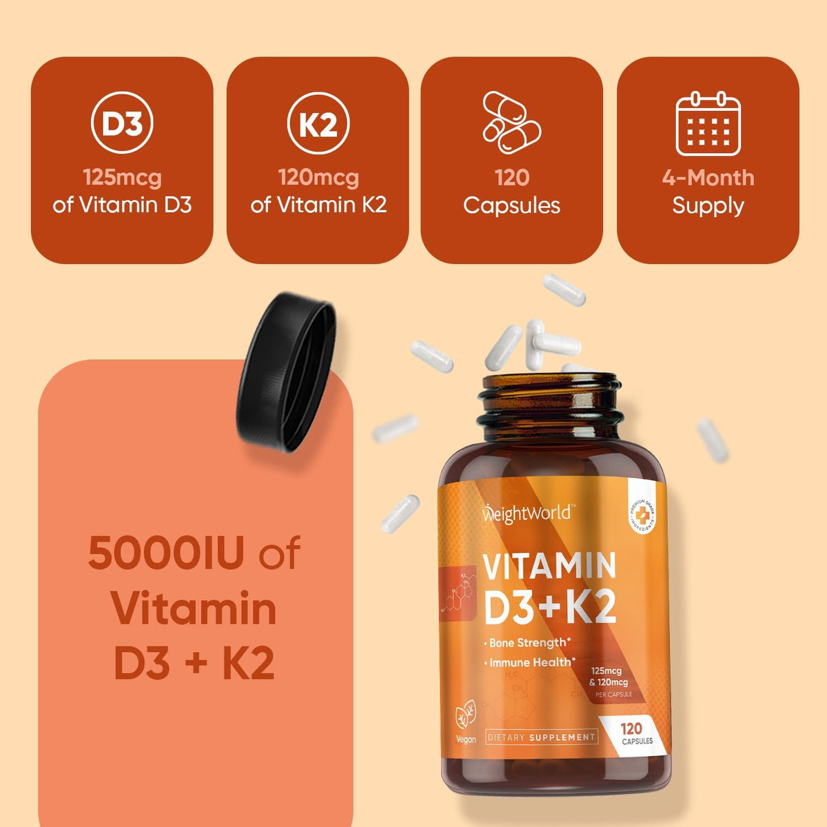 WeightWorld Vitamin D3 + K2 5000 IU Capsules – Vegan D3 (Lichen) & K2 MK-7, 120 Capsules - görsel 9