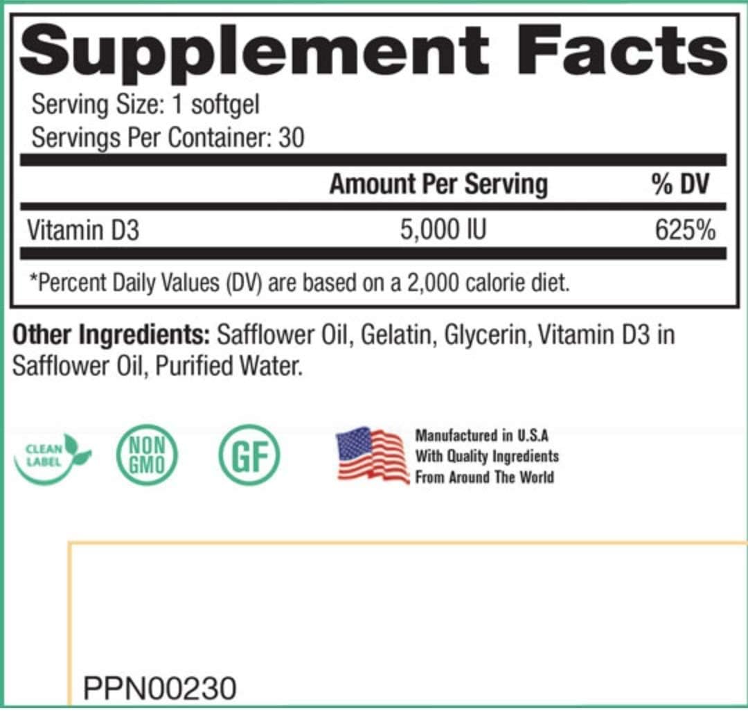 Peak Pure & Natural Peak D3 - Vitamin D3 5000 IU - Immune Support - 30 Capsules - görsel 1