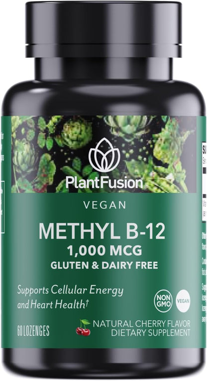 PlantFusion Vegan B12 Methyl 1000 mcg - Sublingual Vitamin - Supports Energy, Heart Health, Nervous System - Cherry Flavour, 60 High Potency Methylcobalamin Lozenges for Fast Absorption