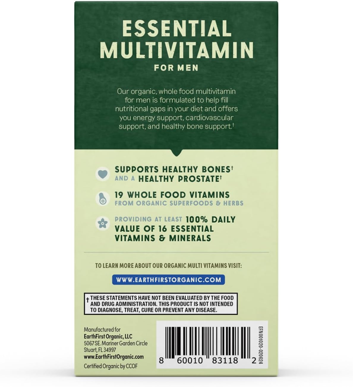 EarthFirst Organic Men's Multi Once Daily – Whole-Food Multivitamin with 19 Vitamins & Minerals, Vegan, 60 Capsules - görsel 8