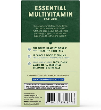 EarthFirst Organic Men's Multi Once Daily – Whole-Food Multivitamin with 19 Vitamins & Minerals, Vegan, 60 Capsules