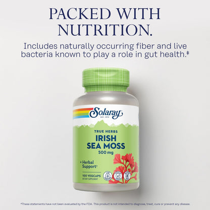 SOLARAY Irish Sea Moss 500 mg Naturally Occurring Vitamins, Minerals, and Fibre Herbal Support for Digestive Health and More – Vegan, Gluten-free, Lab Verified – 60-Day Guarantee – 100 Servings, 100 VegCaps