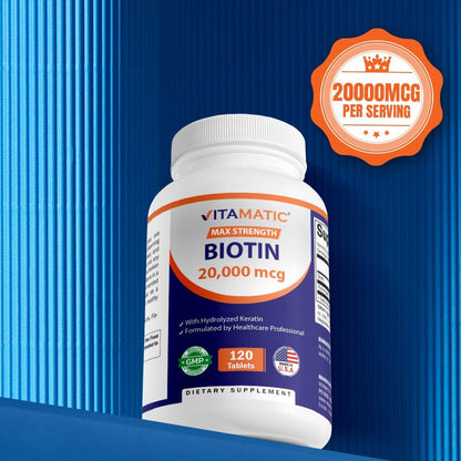 Vitamatic High Potency Biotin 20000 mcg (20 mg) with Keratin 100 mg – 120 Tablets (Pack of 2)