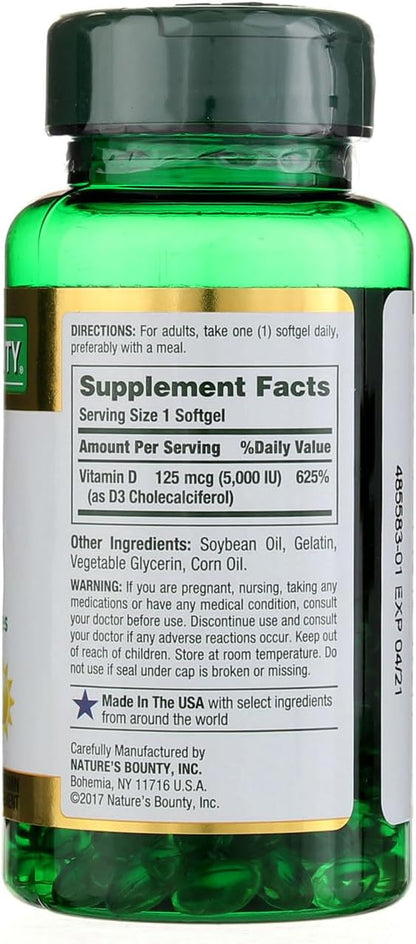 Nature's Bounty Vitamin D3 5000 IU Softgels, 100 Count