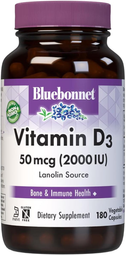 Bluebonnet Nutrition Vitamin D3 2000 IU Vegetable Capsules, 180 Capsules