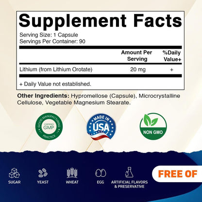 Vitamatic Lithium Orotate 20 mg, 90 Vegetable Capsules - Non-GMO, Gluten-free