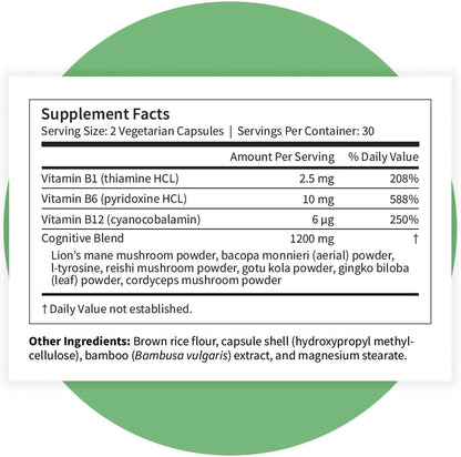 Pattern Wellness Cognitive Complex – Brain Health & Mental Clarity, Lion's Mane, Bacopa & B Vitamins, 60 Capsules