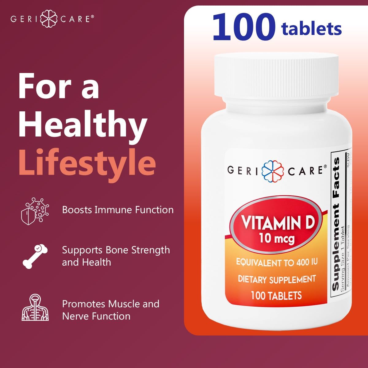 GeriCare Vitamin D-3 (400 IU) & Calcium (25 mg) Tablets – 100 Tablets - görsel 2