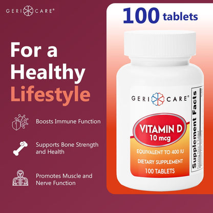 GeriCare Vitamin D-3 (400 IU) & Calcium (25 mg) Tablets – 100 Tablets