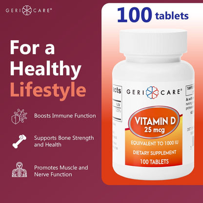 GeriCare Vitamin D 25mcg Tablets, Contributes to Normal Bone Health & Immune Function, Food Supplement, 100 Tablets