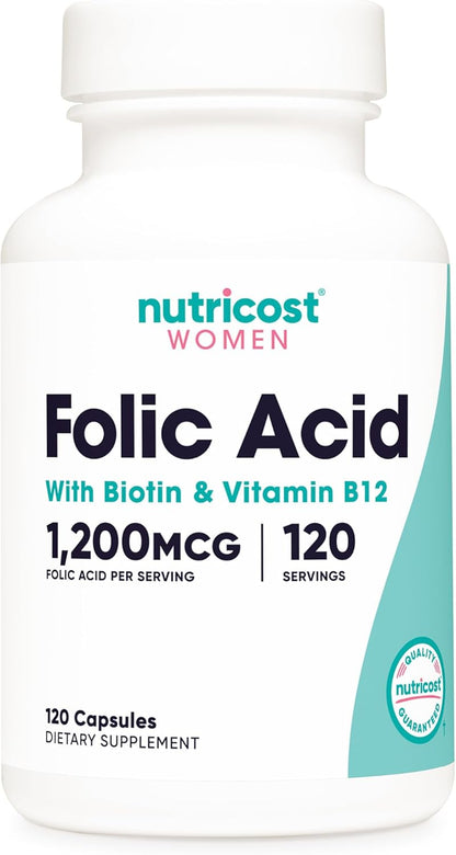Nutricost Folic Acid (Vitamin B9) 1200 mcg with B12 and Biotin - 120 Vegetarian Capsules - Non-GMO & Gluten-free