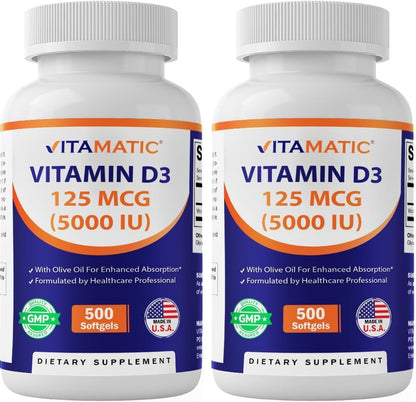 Vitamatic Vitamin D3 5000 IU (125 mcg) – 500 Mini Softgels with Olive Oil – Non-GMO & Gluten-Free – Supports Bone, Muscle and Immune Health