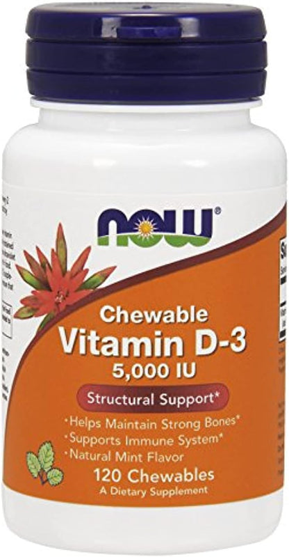 NOW Foods Vitamin D-3 5000 IU Chewable Tablets - Natural Mint Flavour, 120 Count