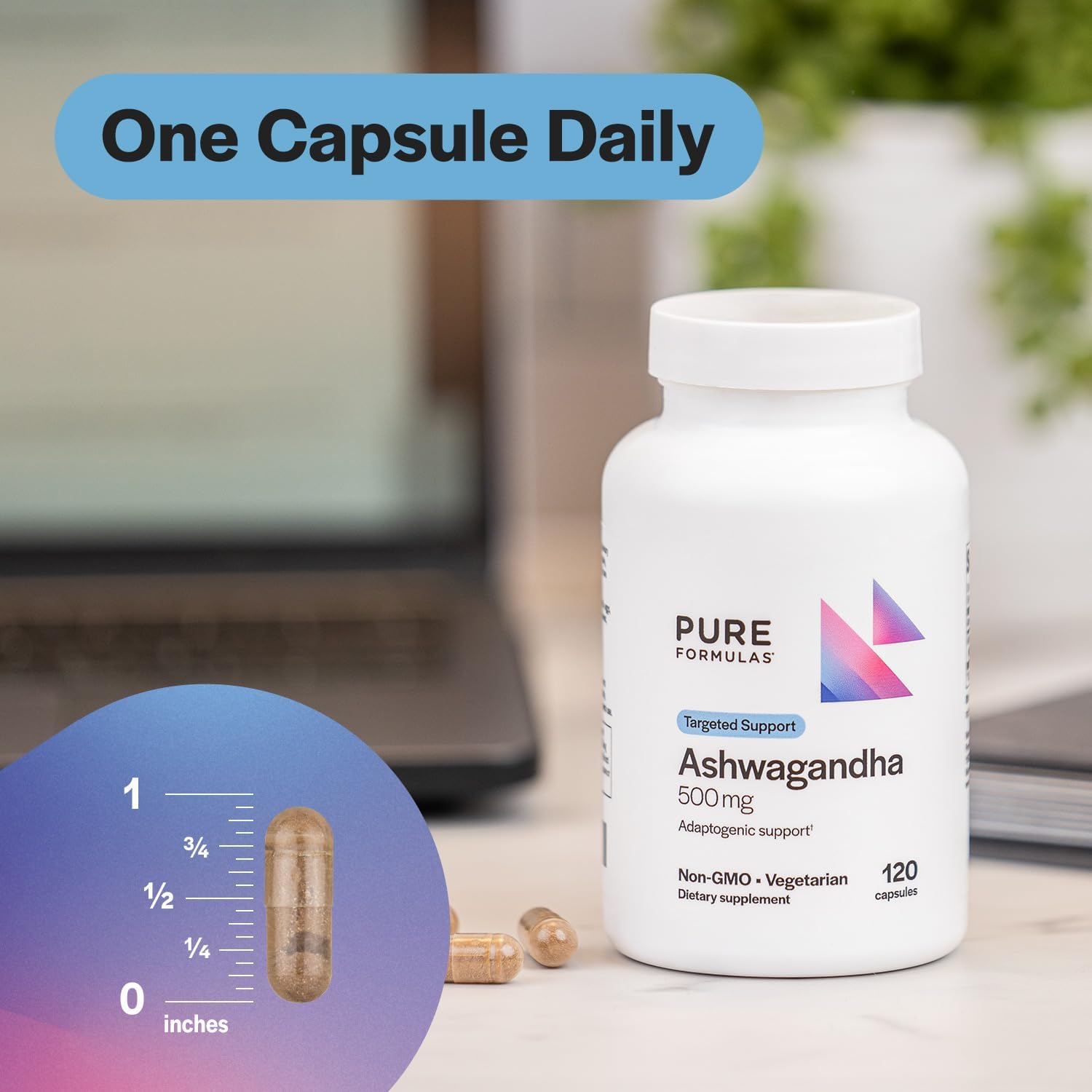PureFormulas Ashwagandha 500mg, Adaptogenic Stress Supplement, Non-GMO 120 Capsules - görsel 3