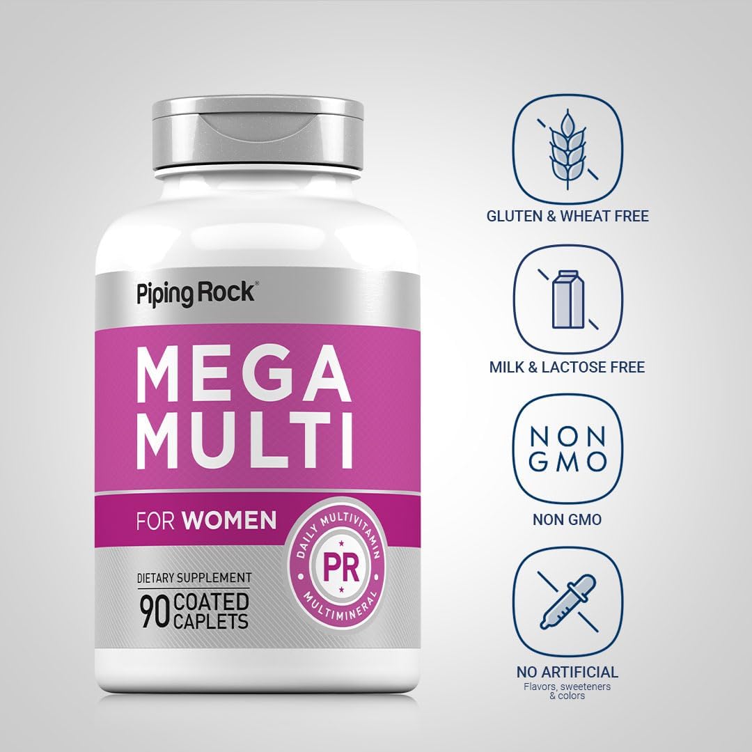 Piping Rock Multivitamin for Women, 90 Caplets — Daily Essential Multi Supplement with Vitamins A, B, C, D, and E, Non-GMO, Gluten-free - görsel 3