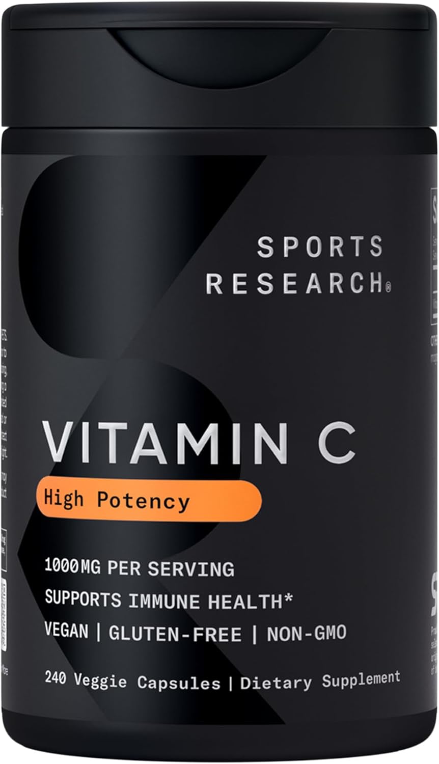 Sports Research High Potency Vitamin C 1000mg - Vegan, Non-GM, Gluten-free - 240 Veggie Capsules - görsel 1