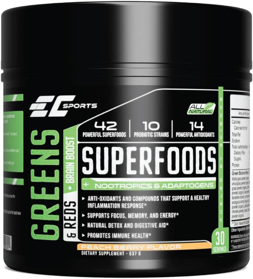 EC Sports Greens & Reds Blend Peach Berry – Superfood Supplement with Probiotics and Adaptogens (30 Servings) - görsel 1