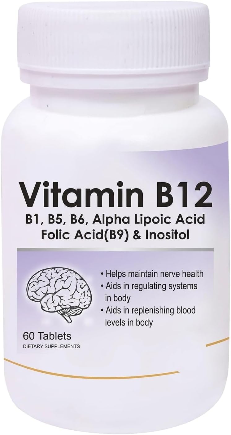 Vitamin B12 with B1, B5, B6, B9 (Folic Acid), Alpha Lipoic Acid ALA & Inositol Food Supplement – Energy Support & Antioxidant – 60 Tablets - görsel 1