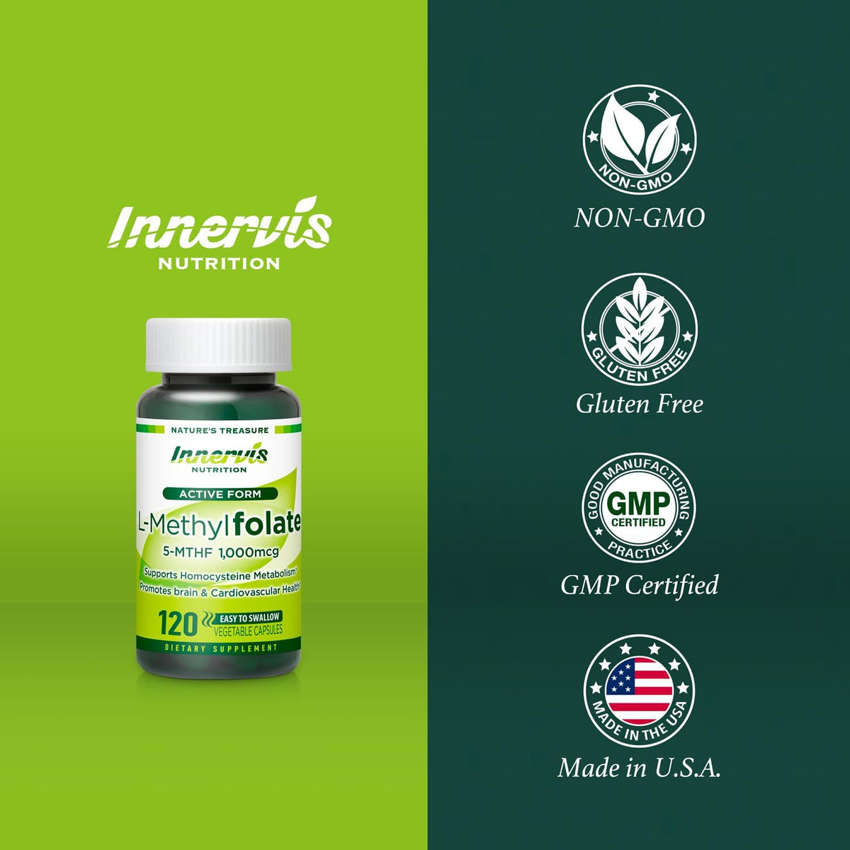 L-Methylfolate 1000mcg (120 Caps) - Active Folate for Heart, Nerve Health & Homocysteine Support - 5-MTHF Methylated Vitamin B9 by Innervis Nutrition - görsel 5