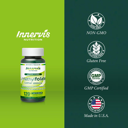 L-Methylfolate 1000mcg (120 Caps) - Active Folate for Heart, Nerve Health & Homocysteine Support - 5-MTHF Methylated Vitamin B9 by Innervis Nutrition