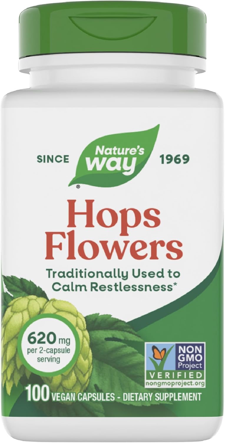 Nature’s Way Hops Flowers, Traditionally Used to Calm Restlessness*, 620 mg per 2-capsule Serving, Herbal Food Supplement, Vegan, Gluten-free & Dairy-free, 100 Capsules (Packaging May Vary) - görsel 1