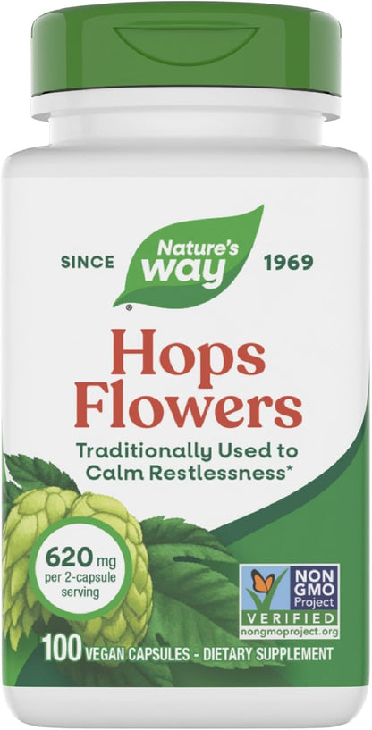 Nature’s Way Hops Flowers, Traditionally Used to Calm Restlessness*, 620 mg per 2-capsule Serving, Herbal Food Supplement, Vegan, Gluten-free & Dairy-free, 100 Capsules (Packaging May Vary)
