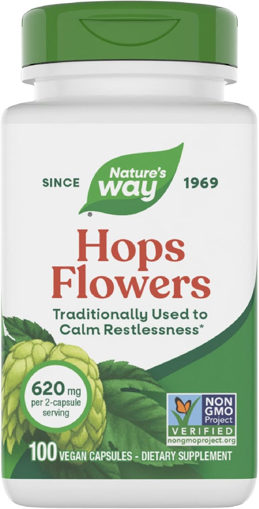 Nature’s Way Hops Flowers, Traditionally Used to Calm Restlessness*, 620 mg per 2-capsule Serving, Herbal Food Supplement, Vegan, Gluten-free & Dairy-free, 100 Capsules (Packaging May Vary)