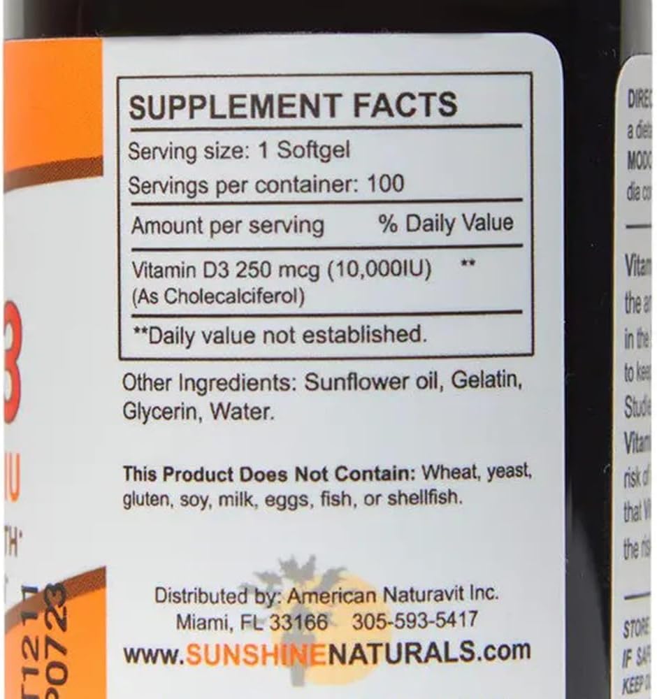 Sunshine Naturals Vitamin D3 10000 IU Food Supplement - 100 Softgels for Immune Support, Bone Health & Calcium Absorption - görsel 4