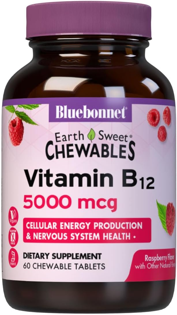 Bluebonnet Nutrition Earth Sweet Vitamin B12 5000 mcg Chewable Tablets - Vegan, Gluten-Free, Raspberry Flavour - görsel 1