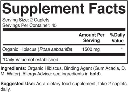 Organic Hibiscus 1500mg, 45 Servings, Vegetarian, Gluten-free, 90 Vegetarian Tablets