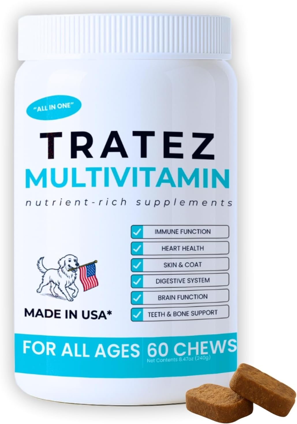 TRATEZ Multivitamin for Dogs - 25-in-1 Daily Soft Chews with Essential Vitamins & Minerals - Immune, Skin, Joint, Heart & Digestive Support - 60 Chews - görsel 1