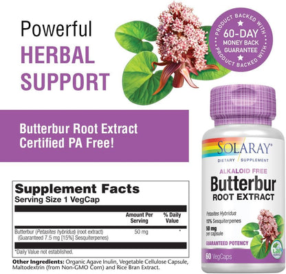 Solaray Butterbur Root Extract 50 mg Supplement – Vegan, Non-GMO, 60 Veg Caps