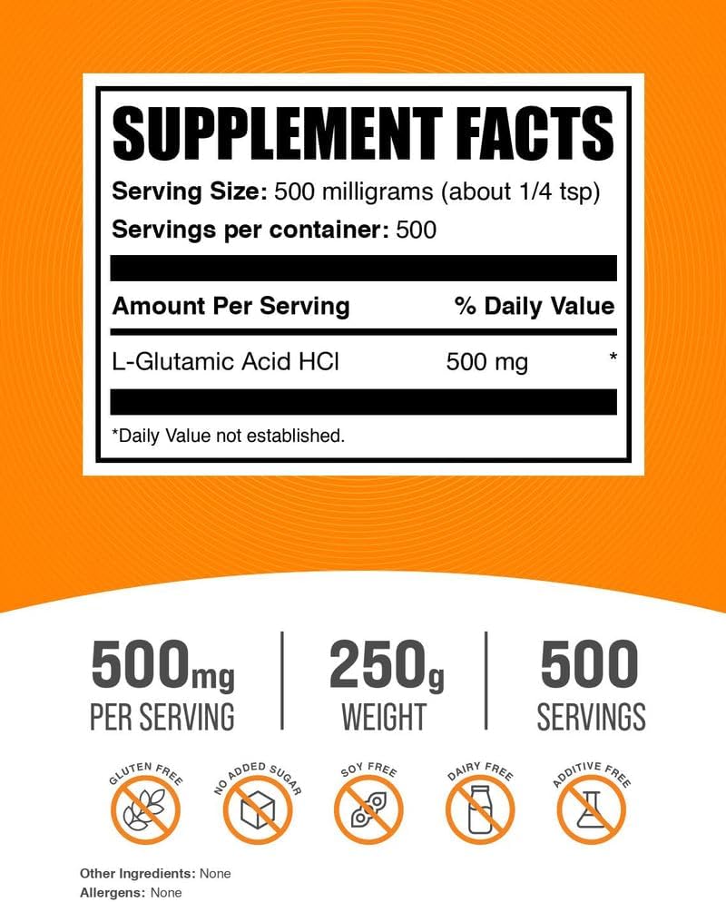 BulkSupplements.com L-Glutamic Acid HCl Powder - Amino Acid Supplement - 500mg per Serving, 250g - görsel 2